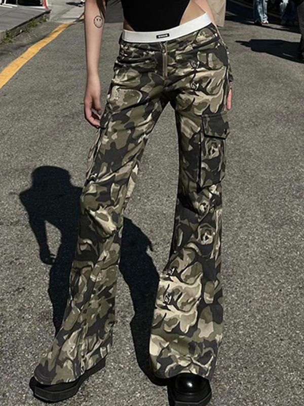 Vintage Camo Rose Print Slim Flare Leg Pants