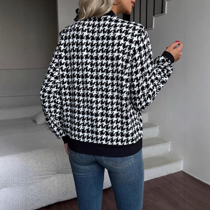 Black White Houndstooth Print Bomber Jacket with Zipper for Women - Manuela