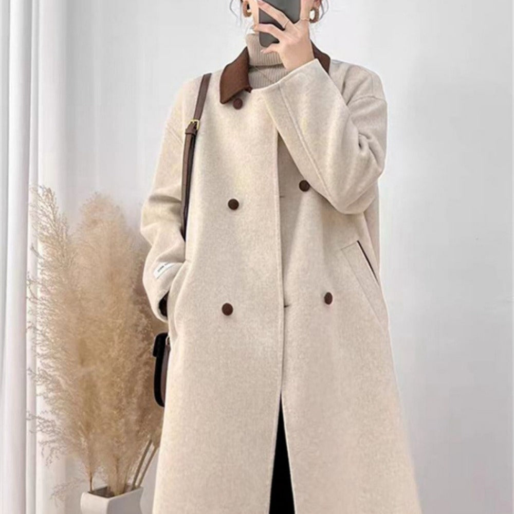 Beige Wool Blend Long Coat with Brown Collar for Women - Ambra