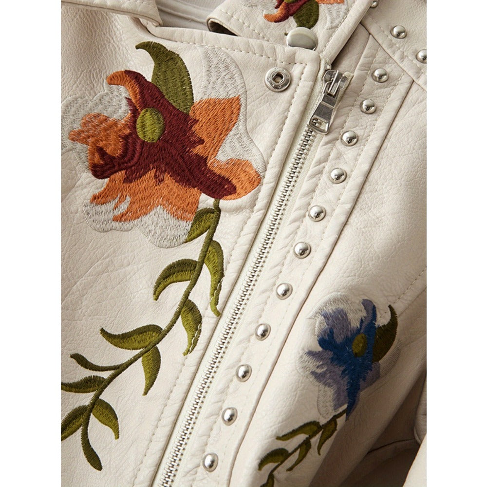 Beige Faux Leather Jacket with Floral Embroidery for Women - Lucrezia