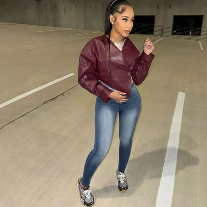 Burgundy Faux Leather Cropped Jacket for Women - Romina