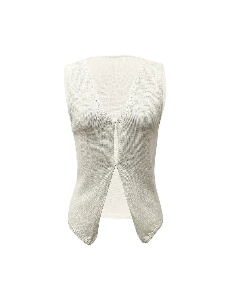 White V Neck Split Hem Knit Buckle Vest