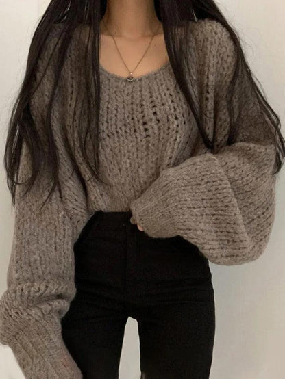 Solid Vintage Cutout Lantern Sleeve Loose Sweater