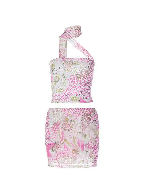 Pink Y2K Printed Bandage Tube Top & Mesh Mini Skirt Set