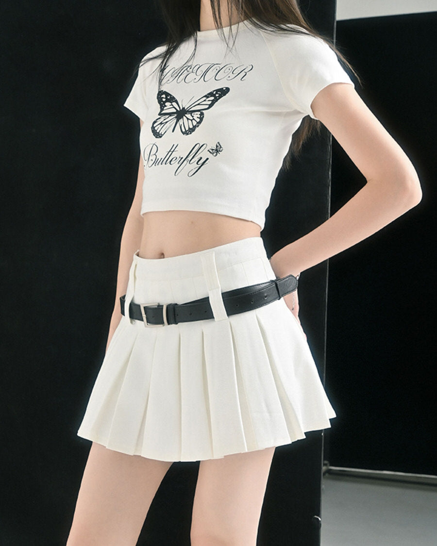 Solid Y2K Double Belt Pleated Mini Skirt with Belt