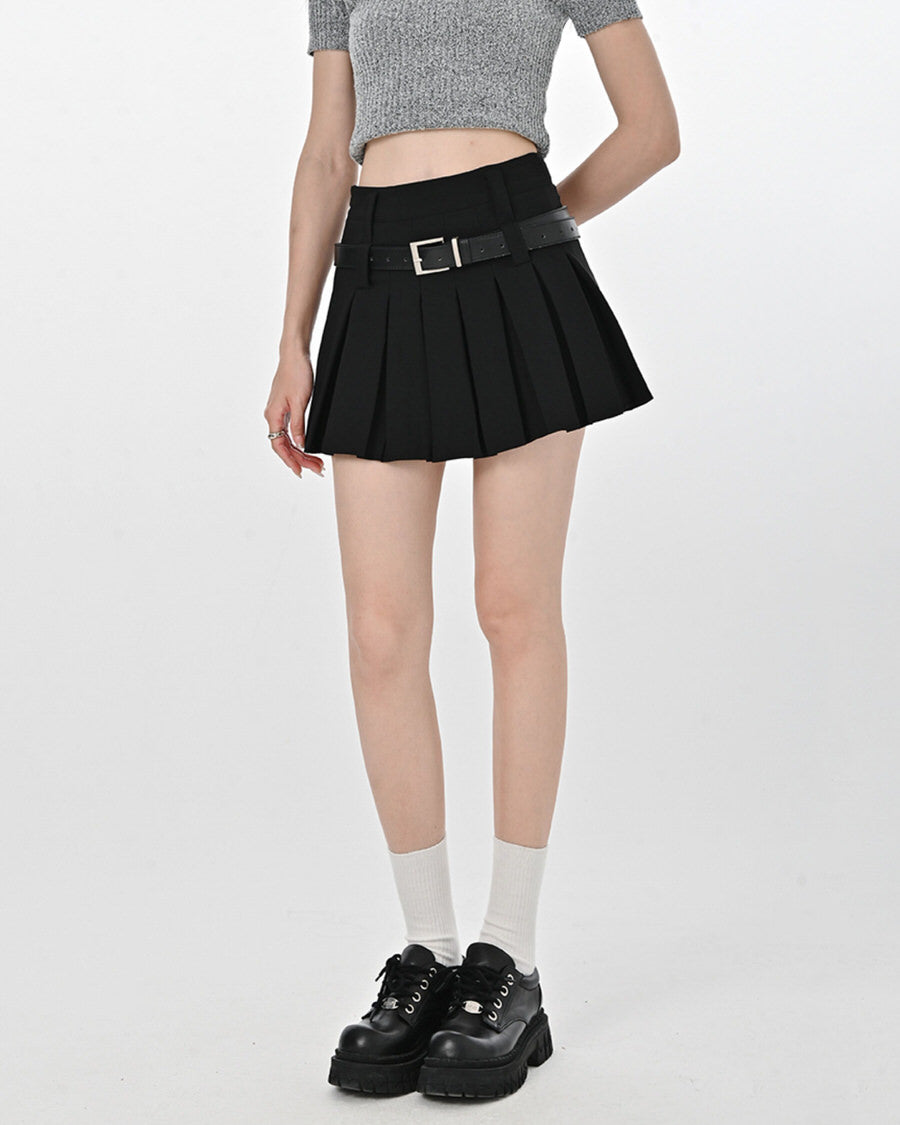 Solid Y2K Double Belt Pleated Mini Skirt with Belt