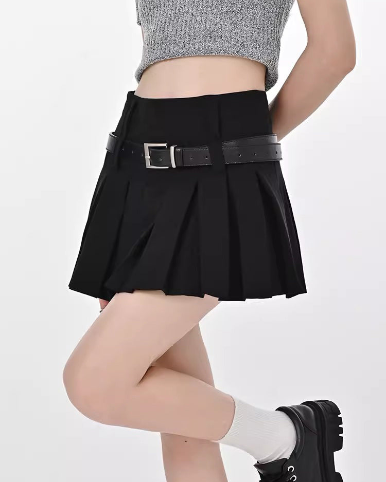 Solid Y2K Double Belt Pleated Mini Skirt with Belt