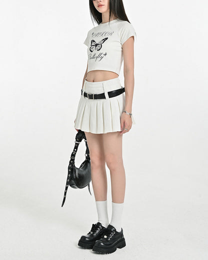 Solid Y2K Double Belt Pleated Mini Skirt with Belt