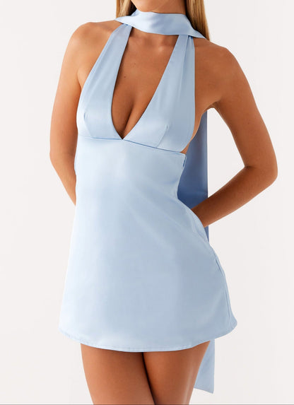 Toma Satin Halter Mini Dress - Pale Blue