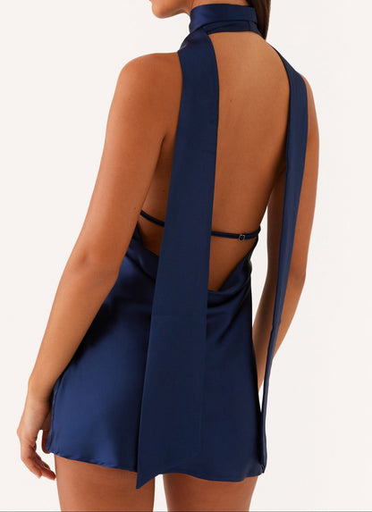 Genoa Satin Halter Mini Dress - Navy