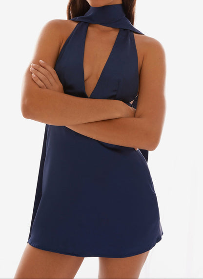 Allison Satin Halter Mini Dress - Navy