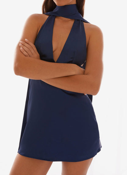 Genoa Satin Halter Mini Dress - Navy