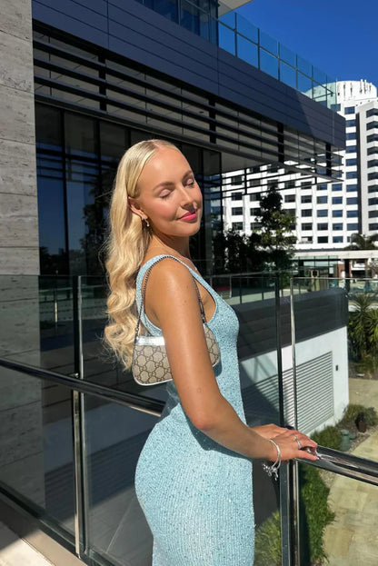 Light Blue Glitter Knit Maxi Dress with Sleeveless Cut for Women - Letizia