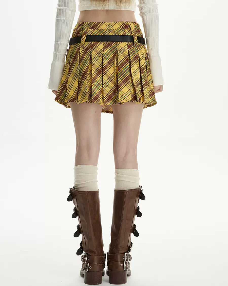 Yellow Y2K Double Belt Plaid Pleated Skirt