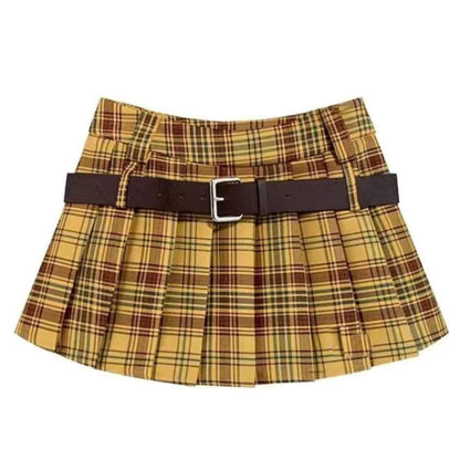 Yellow Y2K Double Belt Plaid Pleated Skirt