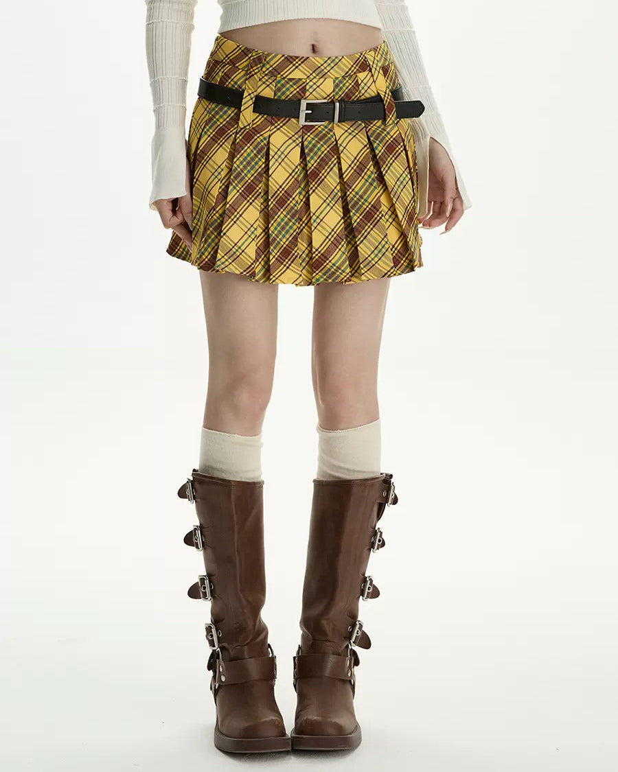 Yellow Y2K Double Belt Plaid Pleated Skirt