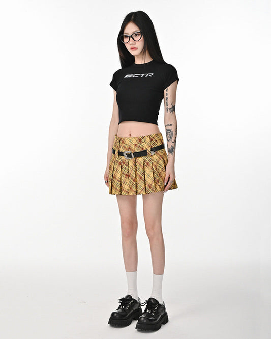 Yellow Y2K Double Belt Plaid Pleated Skirt