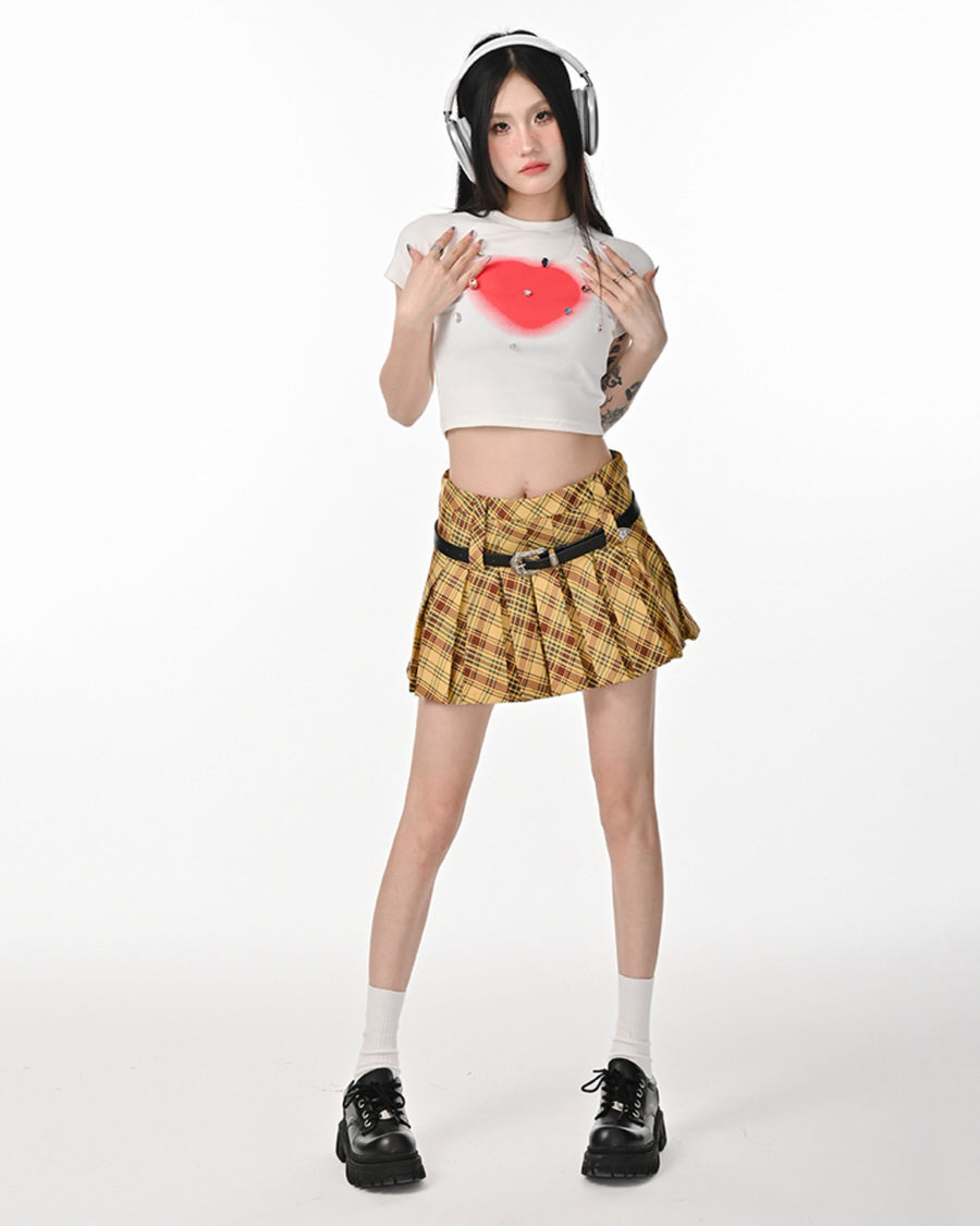 Yellow Y2K Double Belt Plaid Pleated Skirt