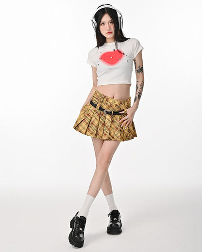 Yellow Y2K Double Belt Plaid Pleated Skirt