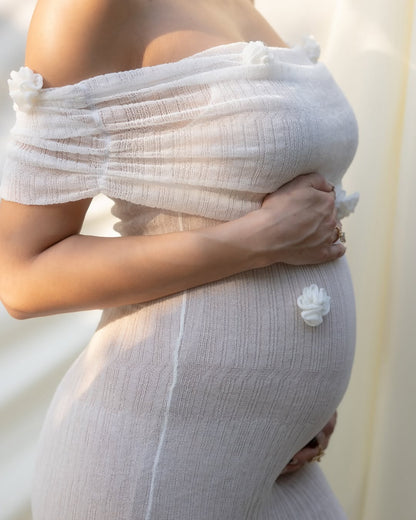 Ivory Off Shoulder Maxi Dress with Floral Detail for Women - Eliana