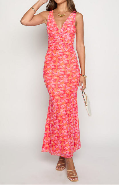 Orsa Orange Floral Print Maxi Dress