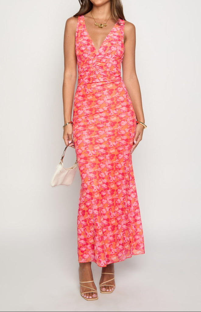 Orsa Orange Floral Print Maxi Dress