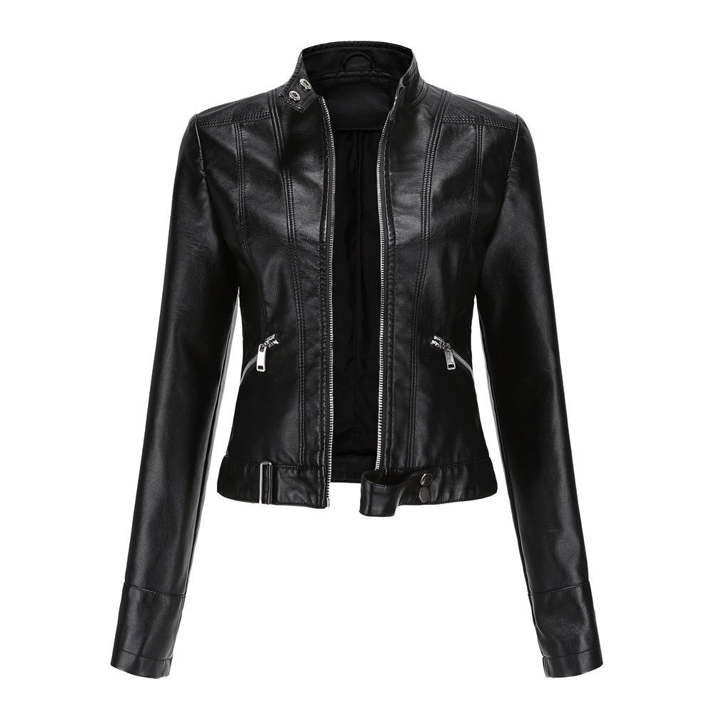 Women's Stand Collar Leather Jacket | Zip