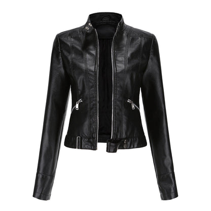 Women's Stand Collar Leather Jacket | Zip