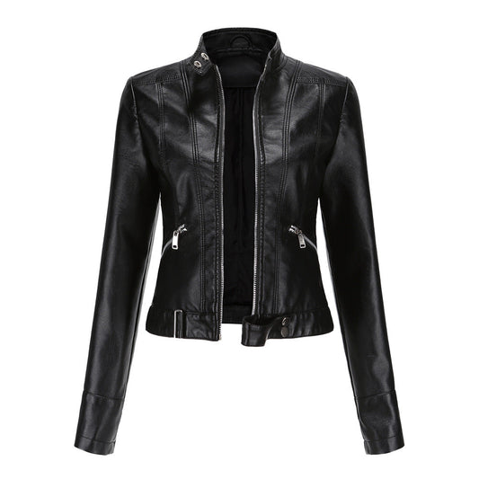 Women's Stand Collar Leather Jacket | Zip