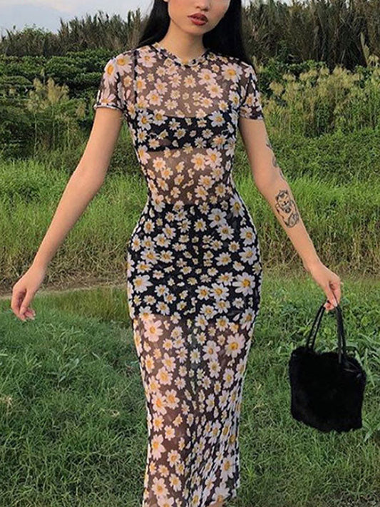 Vintage Mesh Slim Maxikleid mit Gänseblümchen Print