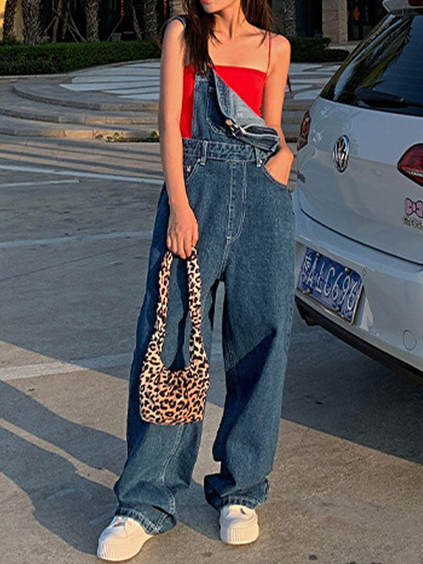 Blue Vintage Washed Effect Boyfriend Denim Overalls