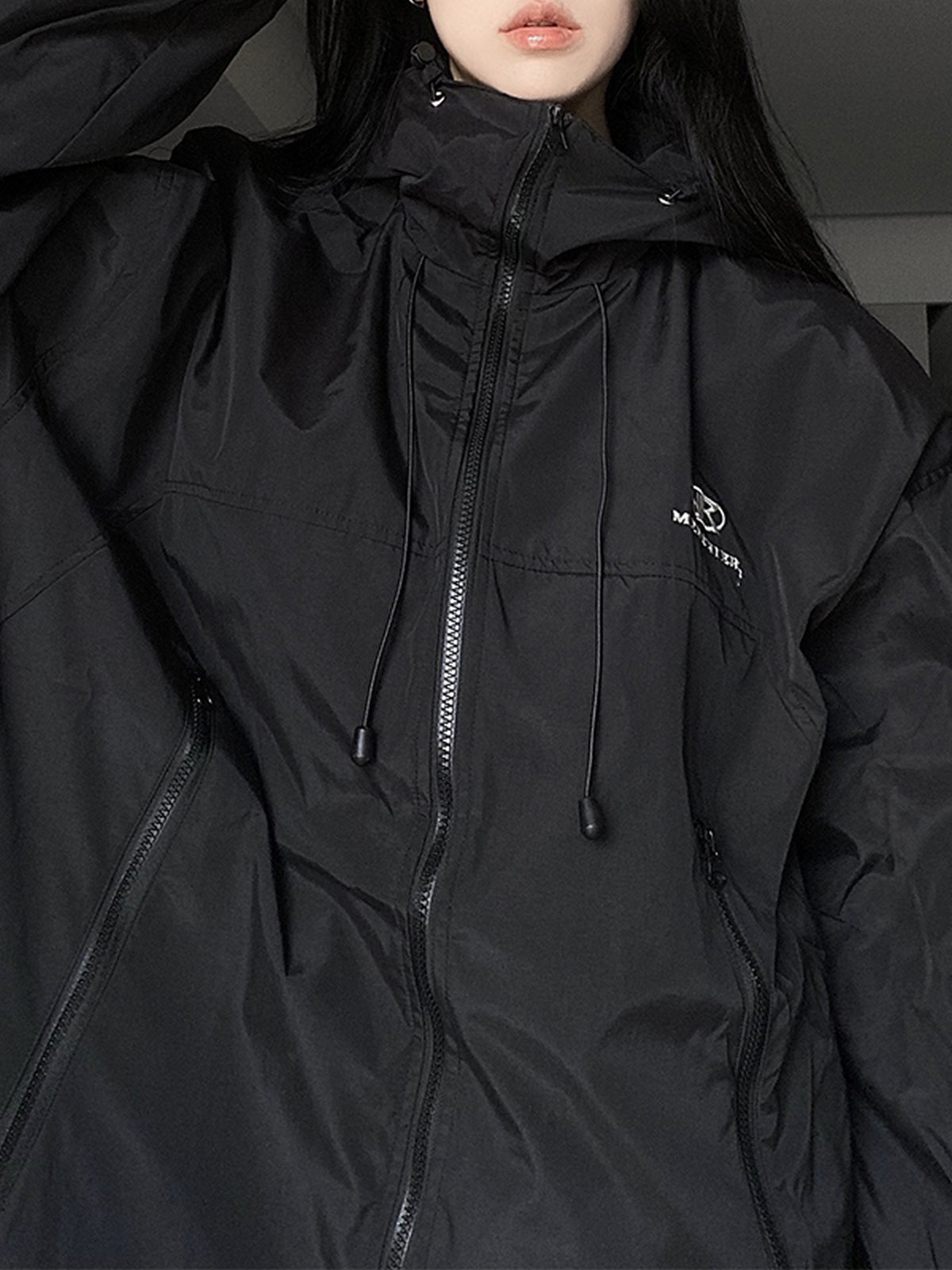 Retro Schwarze Wasserfeste Oversize Outdoor Jacke mit Kapuze