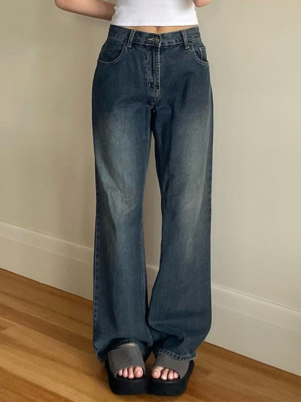 Vintage Dark Blue Washed Effect Boyfriend Jeans