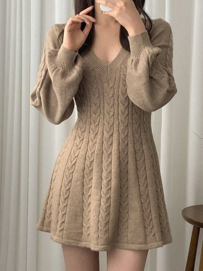 Solid Color Sweet V Neck Cable Knit Long Sleeve Mini Dress