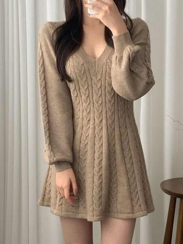 Solid Color Sweet V Neck Cable Knit Long Sleeve Mini Dress