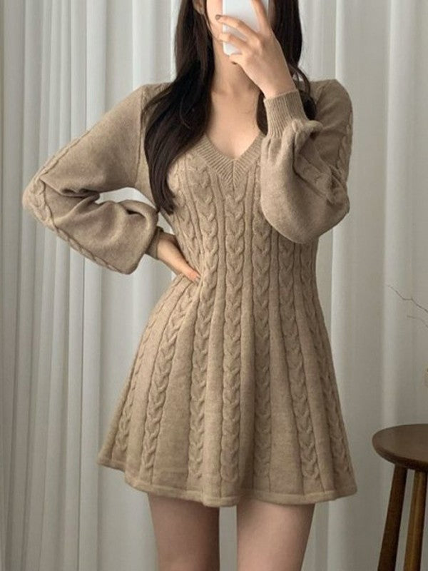 Solid Color Sweet V Neck Cable Knit Long Sleeve Mini Dress