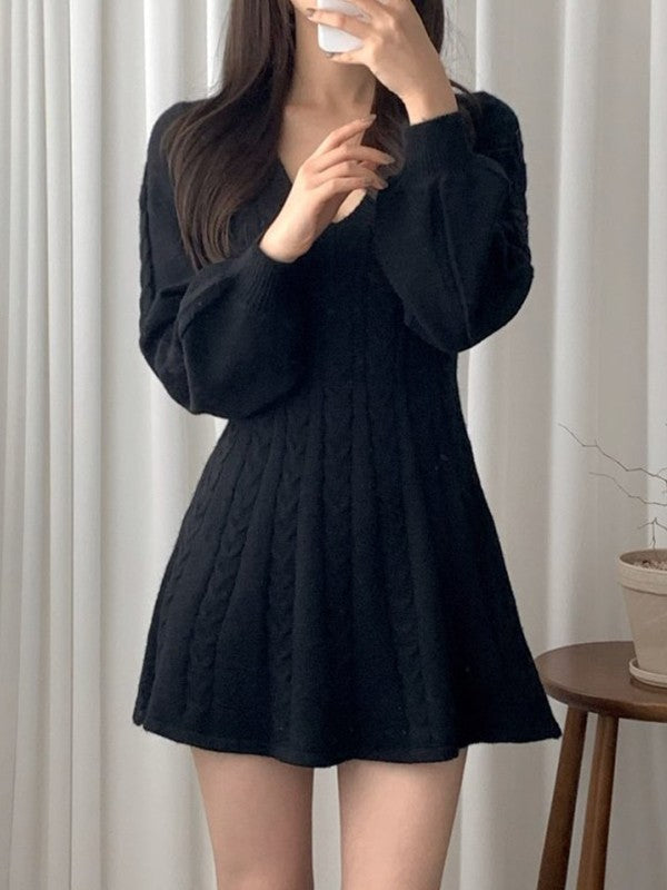 Solid Color Sweet V Neck Cable Knit Long Sleeve Mini Dress