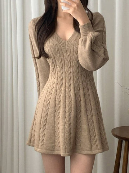 Solid Color Sweet V Neck Cable Knit Long Sleeve Mini Dress