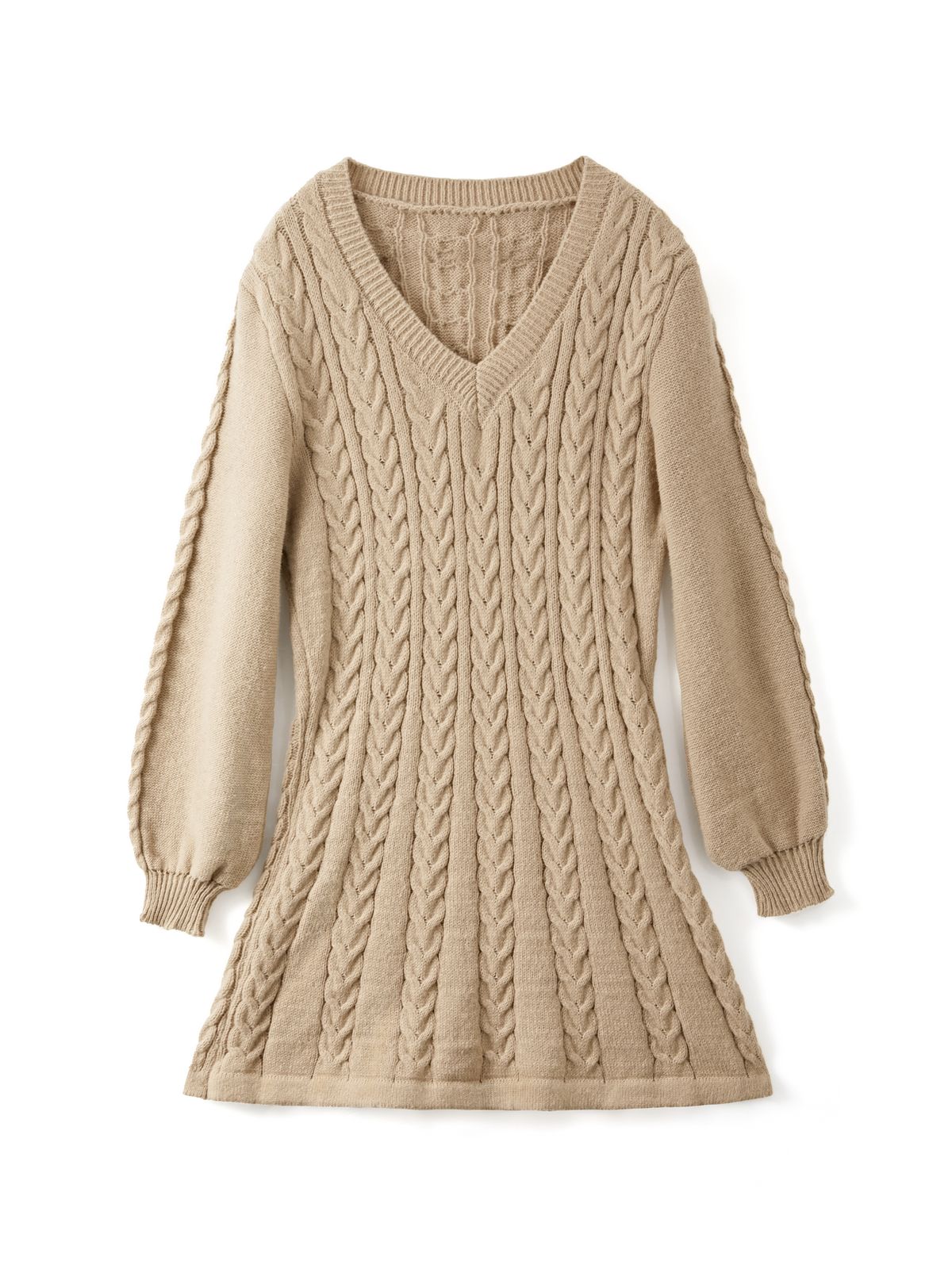 Solid Color Sweet V Neck Cable Knit Long Sleeve Mini Dress