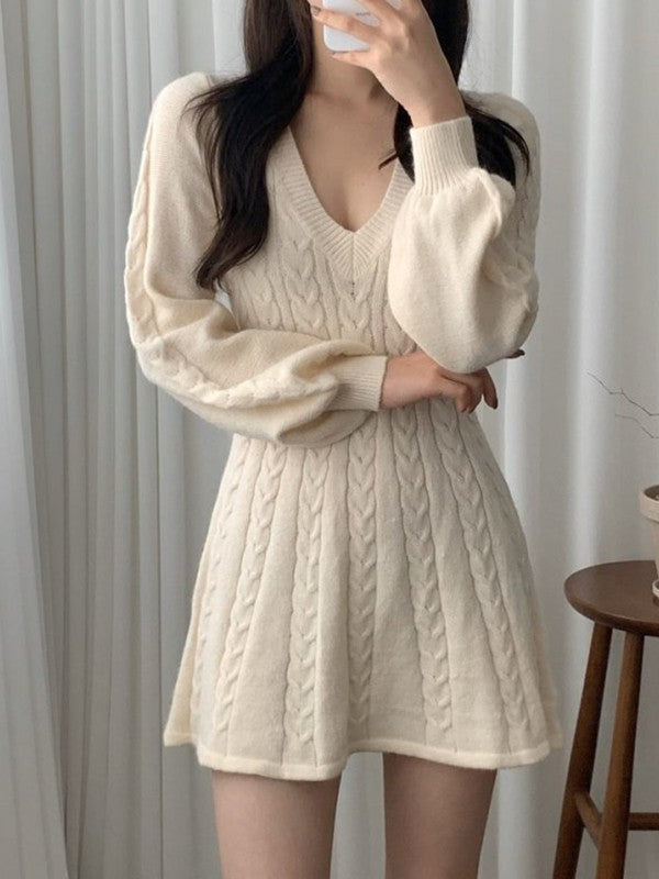 Solid Color Sweet V Neck Cable Knit Long Sleeve Mini Dress