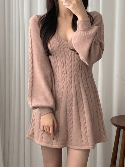 Solid Color Sweet V Neck Cable Knit Long Sleeve Mini Dress