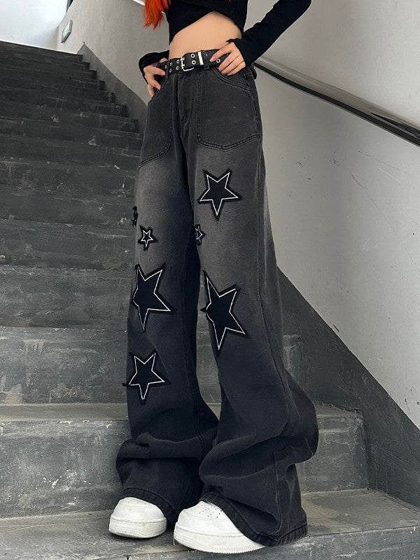 Dark Y2K Star Patch Baggy Boyfriend Jeans