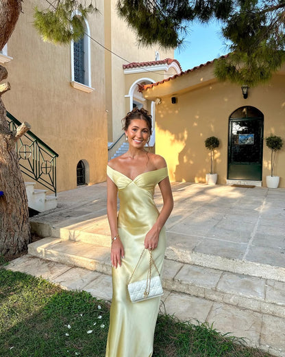 Golden Satin Maxi Dress with Off-Shoulder Design for Women - Lina