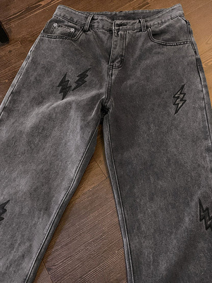 Men Hip Hop Lightning Embroidered Straight Boyfriend Jeans