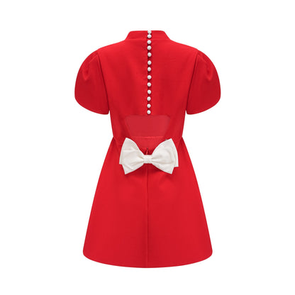 Cherry Red Mini Dress with Back Bow Detail for Women - Irene