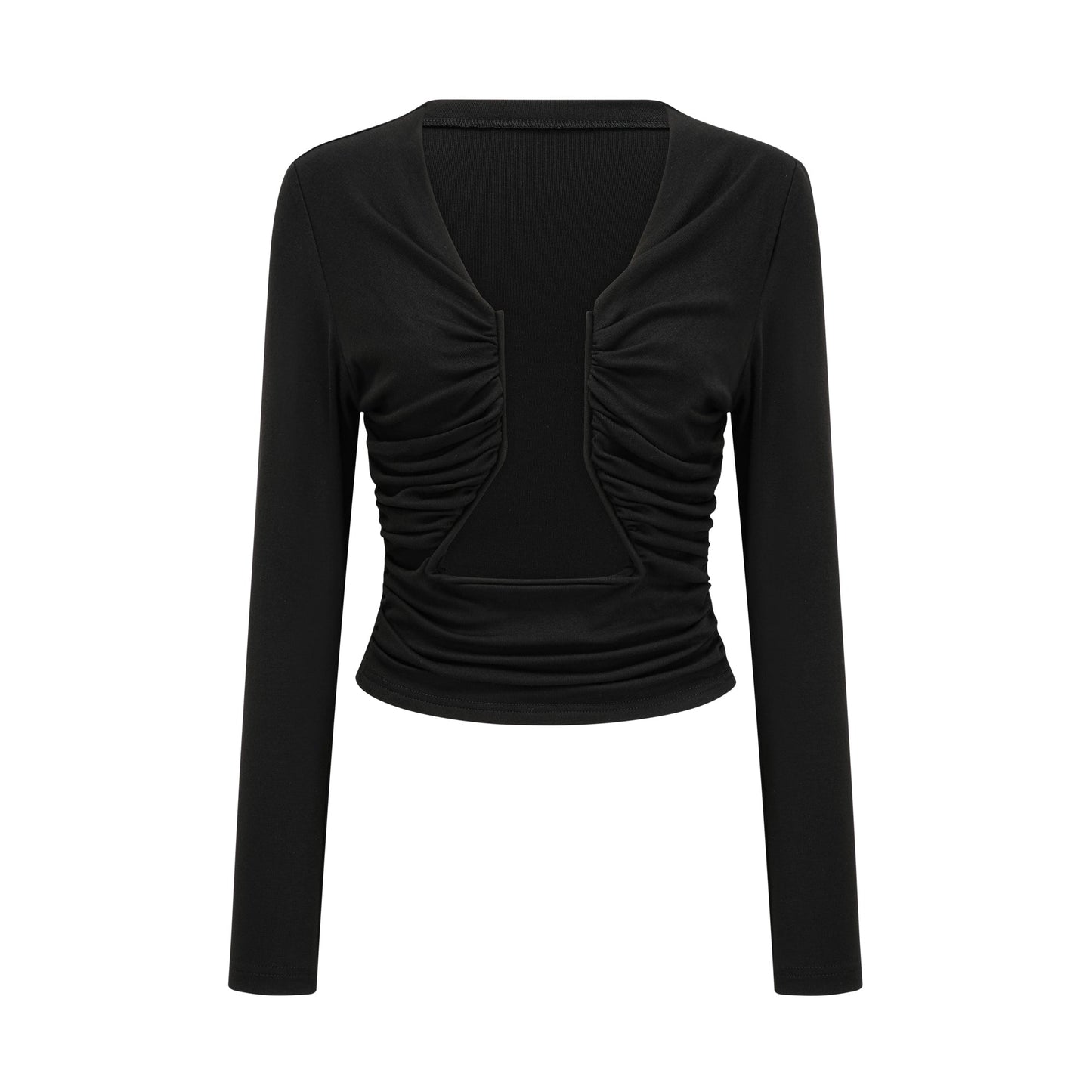 Black Ruched Crop Top with Open Front for Women - Gioia