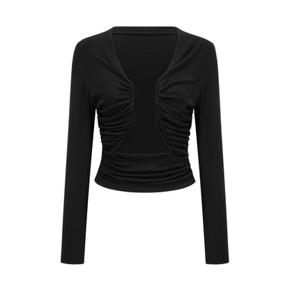 Black Ruched Crop Top with Open Front for Women - Gioia