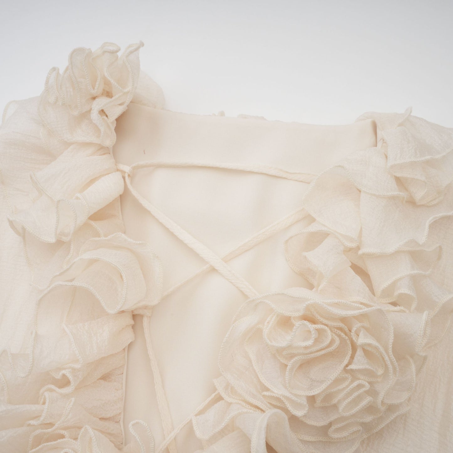 Cream Ruffled Mini Dress with Floral Detailing for Women - Sonia