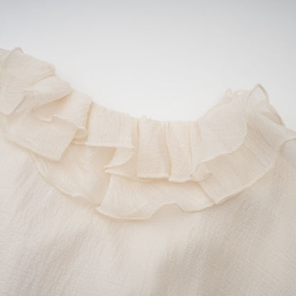 Cream Ruffled Mini Dress with Floral Detailing for Women - Sonia