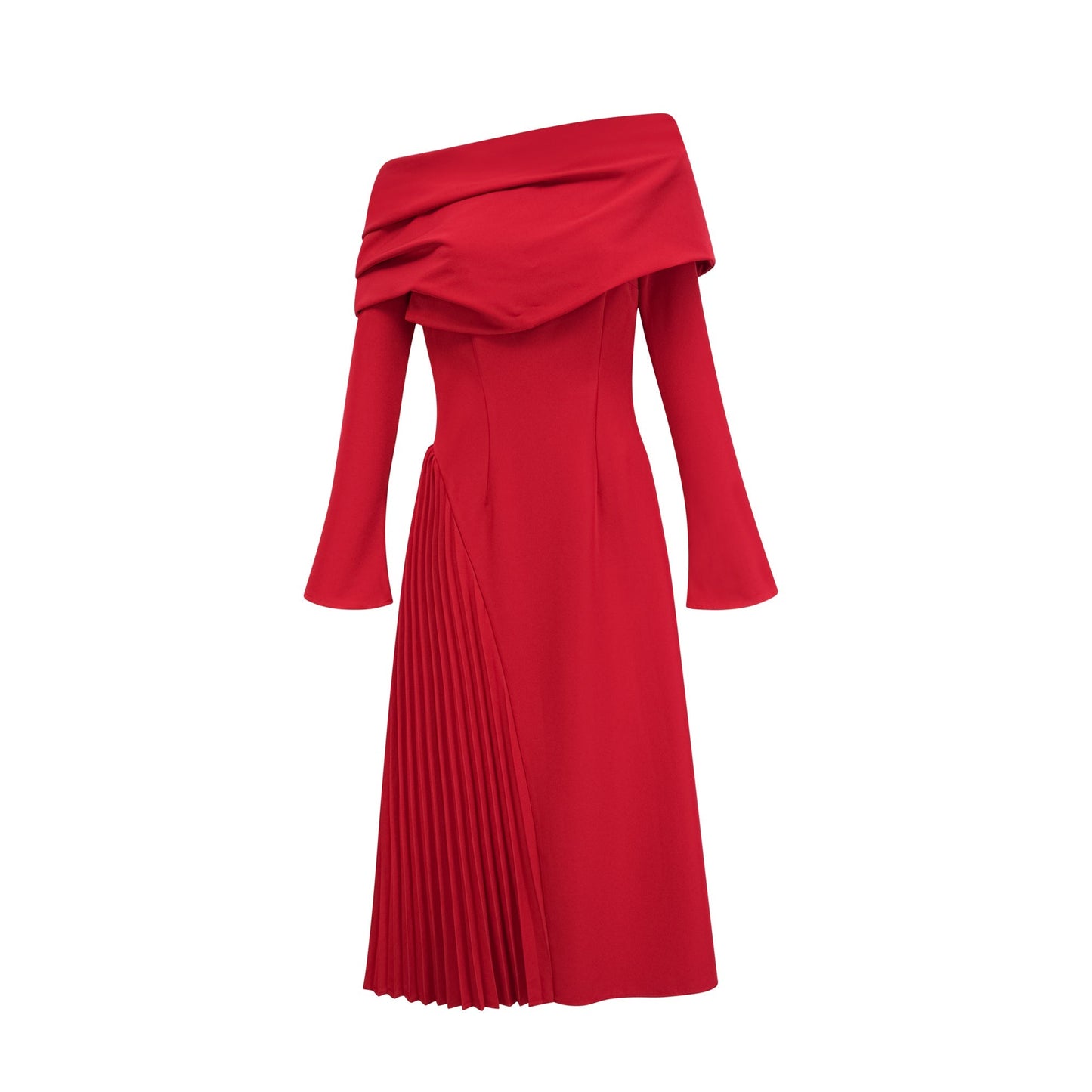 Cherry Red Off Shoulder Pleated Maxi Dress for Women - Serena